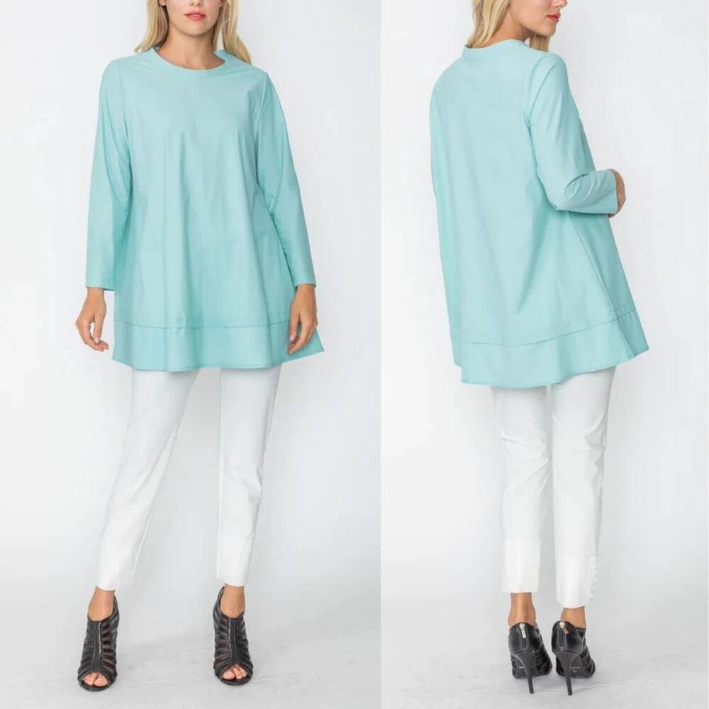 IC Collection | Aqua Blue Pleat Detail A-line LongSleeve Relaxed Tunic Top 4397T
